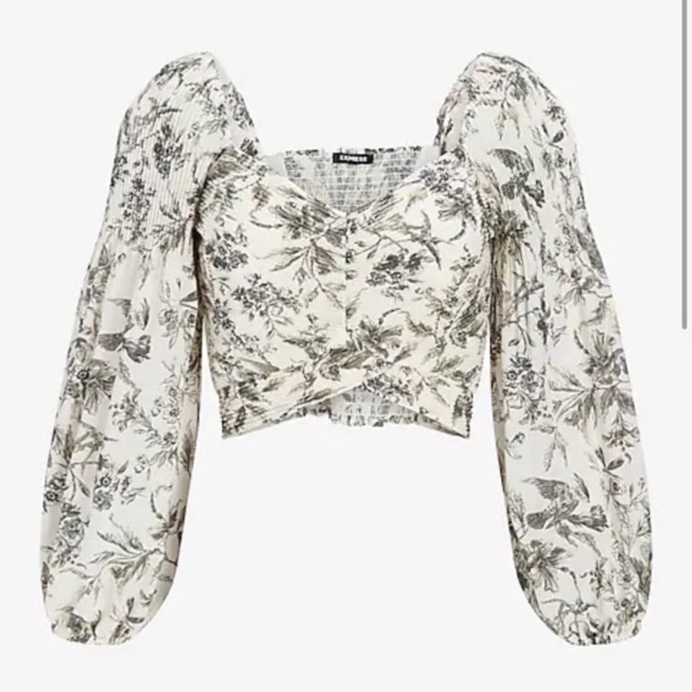 Express Black and White Floral Puff Sleeve Crop Top